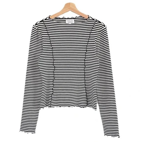 & Other Stories Stripe Lettuce Edge Long Sleeve Ribbed Boatneck Top - Picture 2 of 3